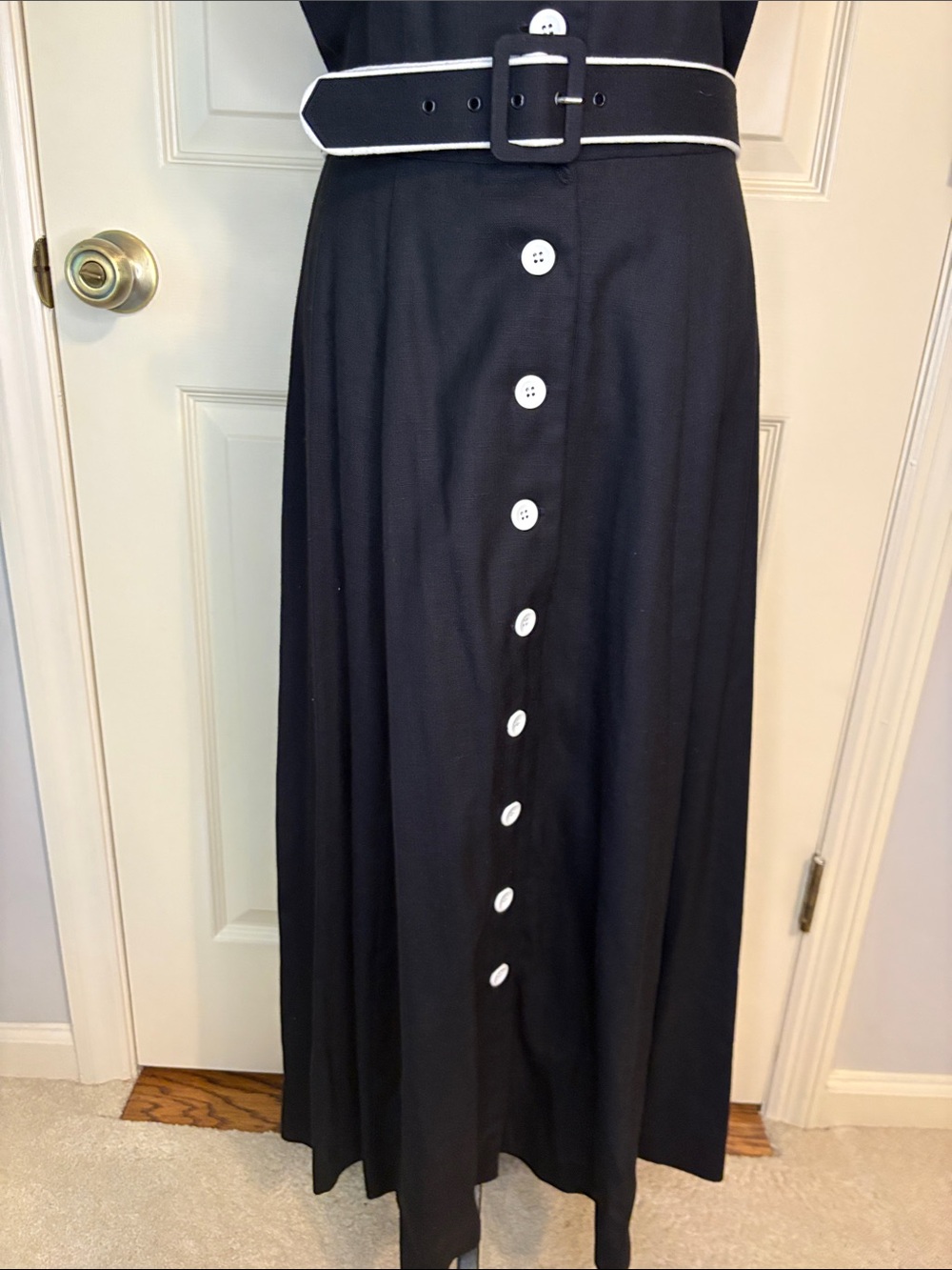 Vintage TALBOTS Belted Linen Black White Piping Button Down Sun Dress size 12 - Picture 5 of 11